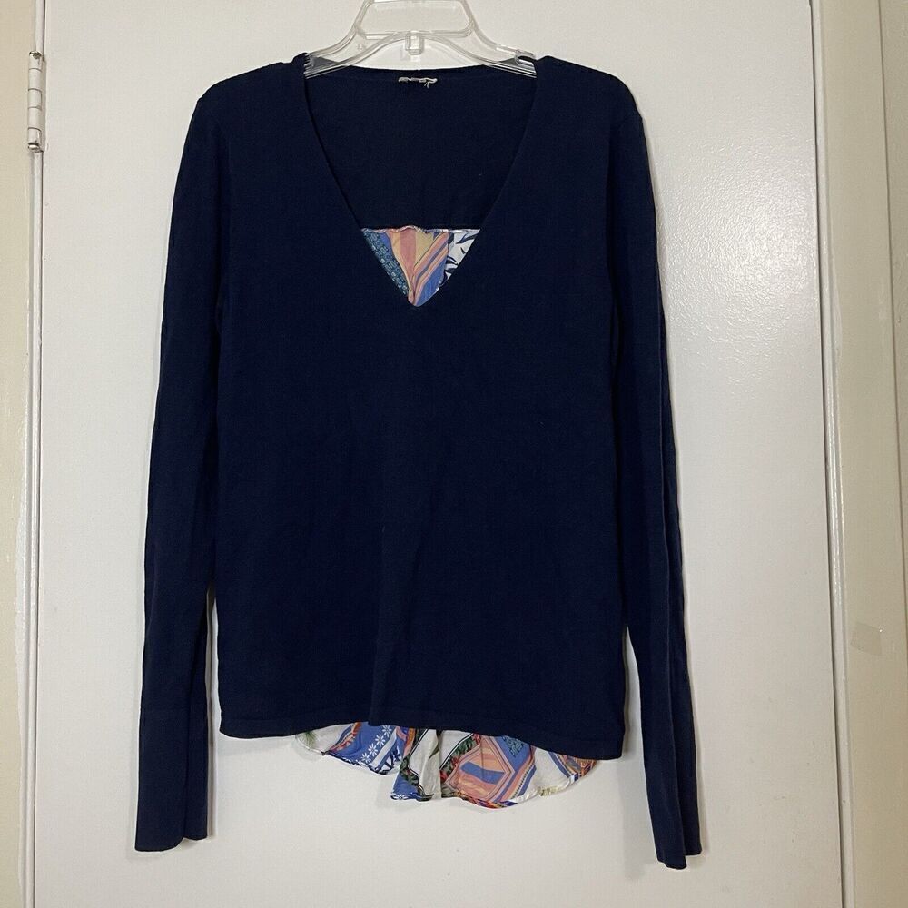 ecru Navy knit vneck silk floral detail back lightweight sweater top size medium